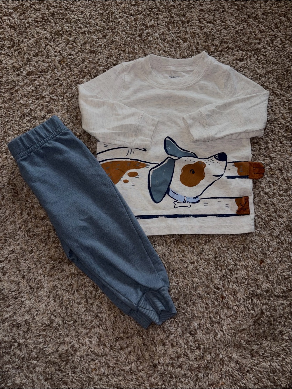Carter's Dusty Blue Kids Jogger Sweatpants and Gray/White Long Sleeve with Puppy